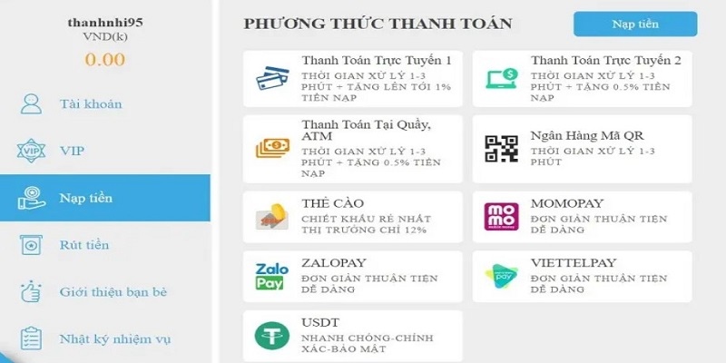 Nạp tiền thông qua giao dịch với ngân hàng